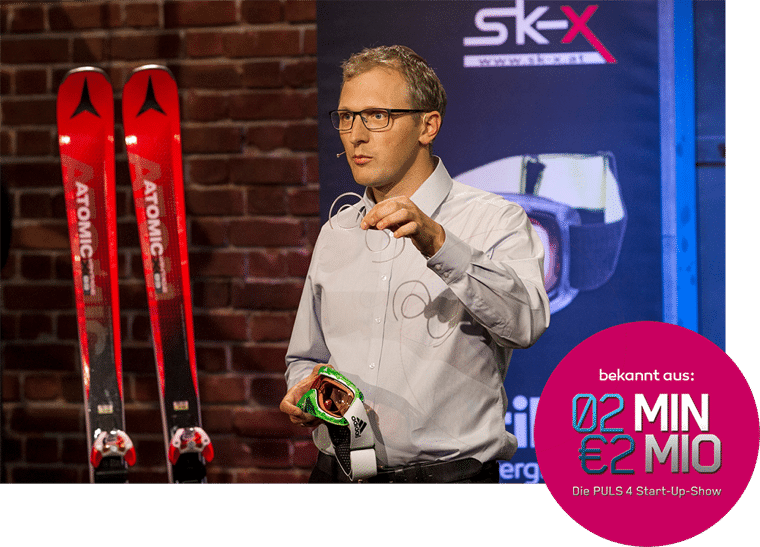 Christoph Rauter von SK-X bei der Präsentation der optischen Sportbrille in der Puls4 TV-Show "2 Minuten 2 Millionen"